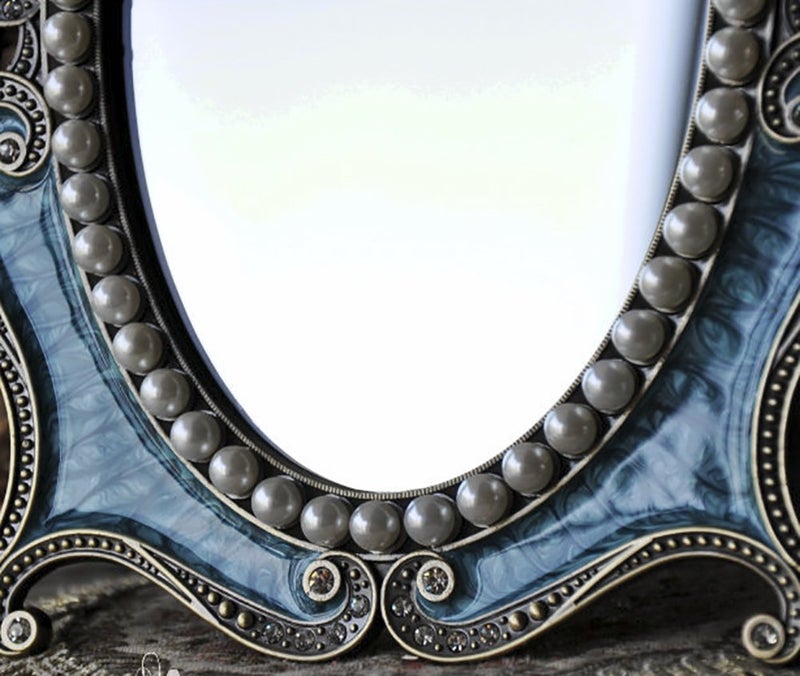 Nerien Vintage Vanity Tabletop Mirror, Metal Oval Decorative Makeup Stand, Antique Table Cosmetic, Coquette Countertop Desk Dresser for Home Bedroom Bathroom (Blue, S) - Image 5